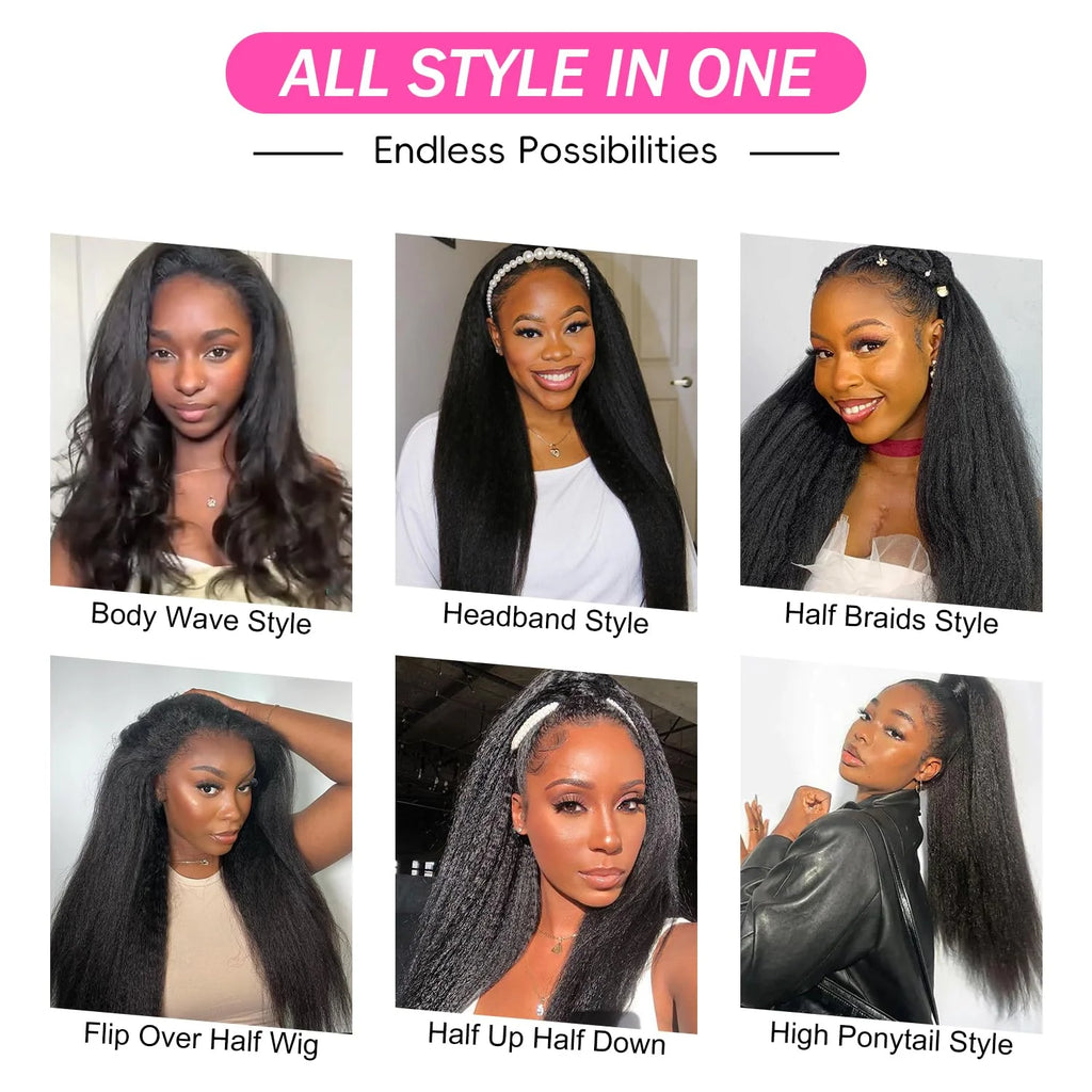 Kinky Straight  Human Hair - Flip over Half Wigs