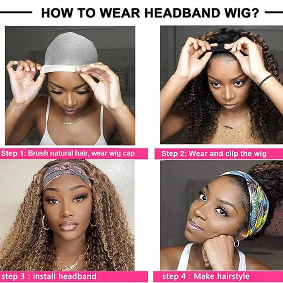 Ombre Highlight Headband Wig Human Hair 4/27 Colored Kinky Curly Headband Wig for Black Women Glueless Ombre Brazilian Scarf Wig