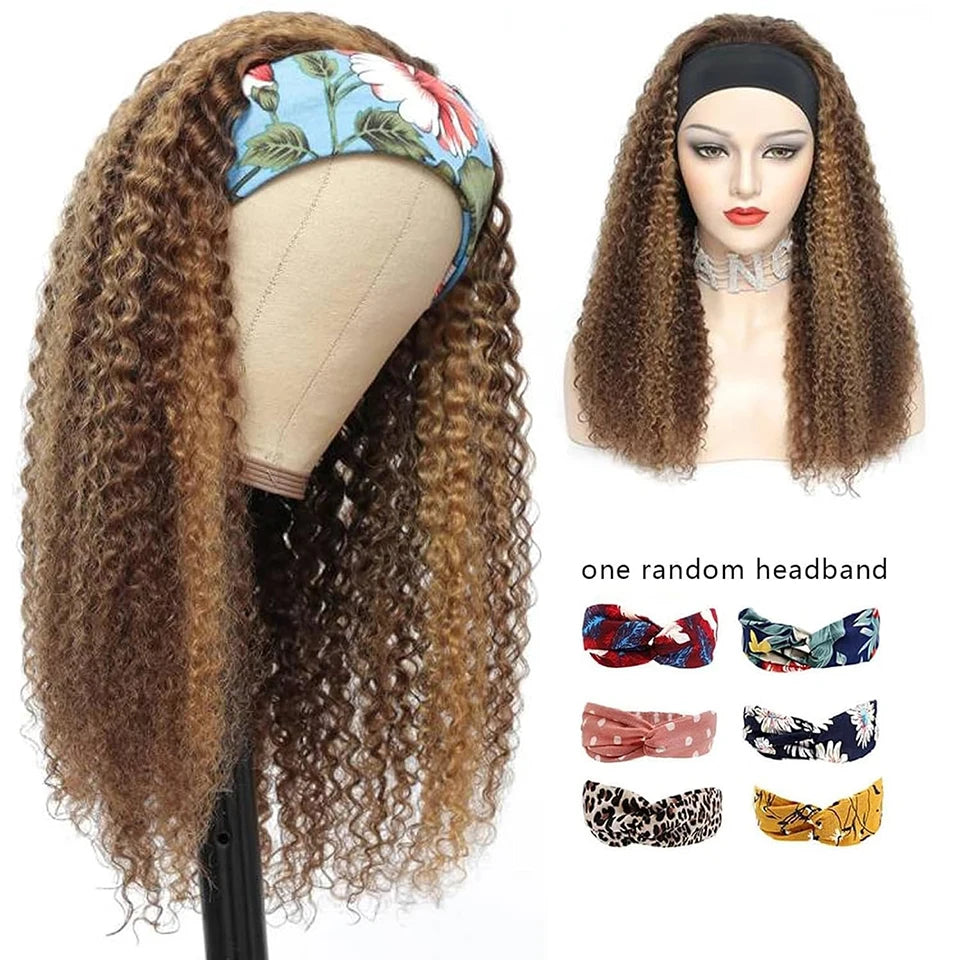 Ombre Highlight Headband Wig Human Hair 4/27 Colored Kinky Curly Headband Wig for Black Women Glueless Ombre Brazilian Scarf Wig