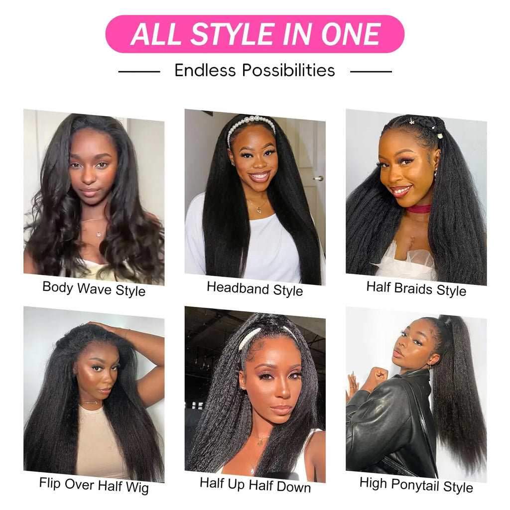 Kinky Straight Human Hair - Flip over Half Wigs