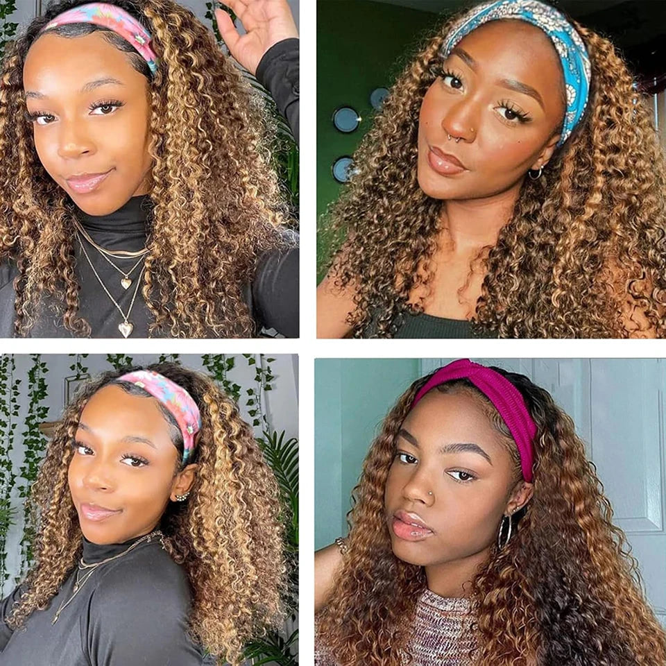 Ombre Highlight Headband Wig Human Hair 4/27 Colored Kinky Curly Headband Wig for Black Women Glueless Ombre Brazilian Scarf Wig