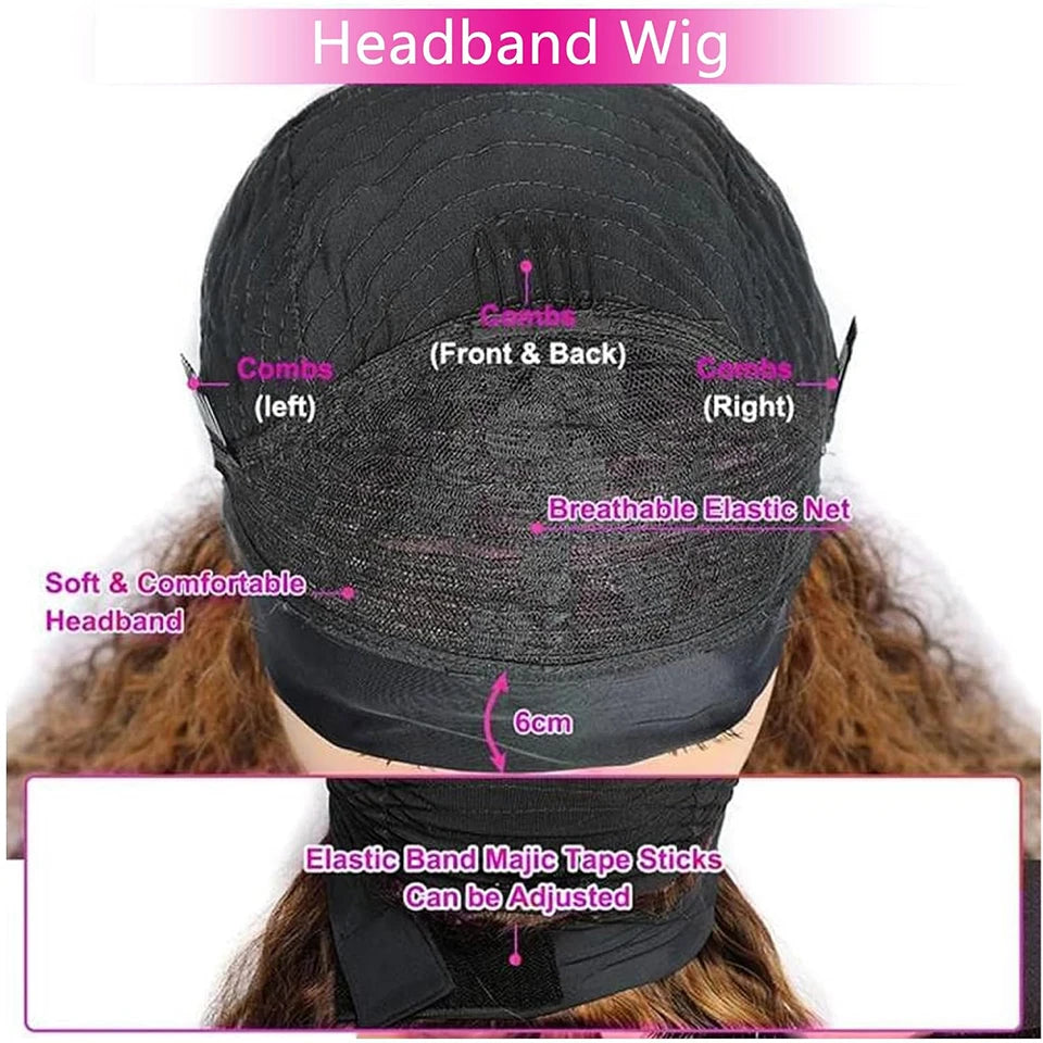 Ombre Highlight Headband Wig Human Hair 4/27 Colored Kinky Curly Headband Wig for Black Women Glueless Ombre Brazilian Scarf Wig