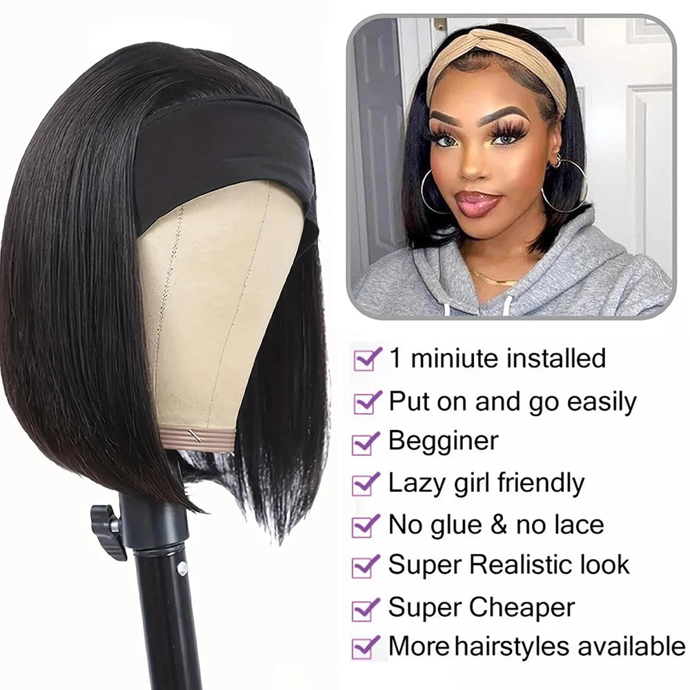 Headband Short Bob Wig - Human Hair, Ready To Wear Wig